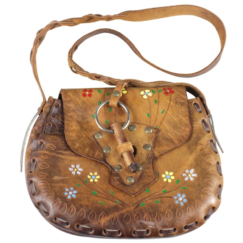 Vintage 70s Tooled Leather Floral Shoulder Bag Hippie Boho Festival Purse